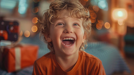 Cute little boy with blond curly hair in orange T-shirt smiles and rejoices at the Christmas presentの素材