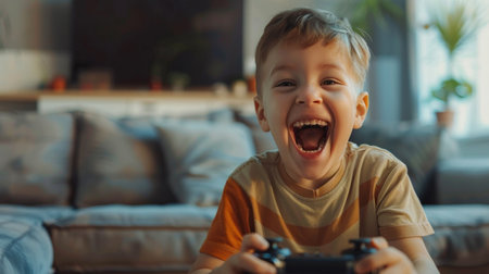 Little boy playing video game at home. Cheerful child having fun while playing video games.の素材
