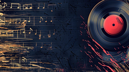 Music background with vinyl record and musical notes. 3d illustration.の素材