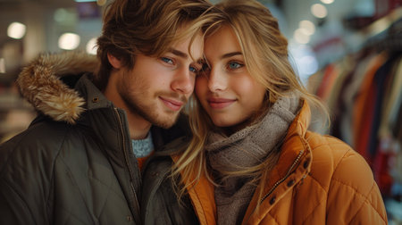 Portrait of young couple in winter clothes looking at camera in cityの素材