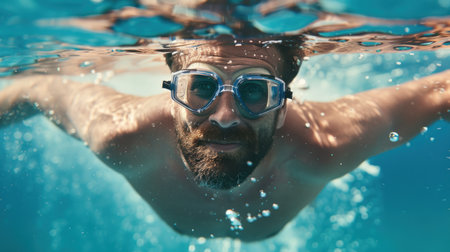 Portrait of a bearded man with a beard swimming underwater in the poolの素材