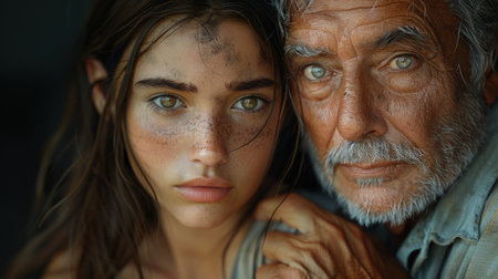 Portrait of sad senior man and his adult daughter looking at cameraの素材