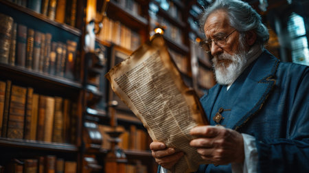 Old man reading a book in a library. Old man reading a book.の素材
