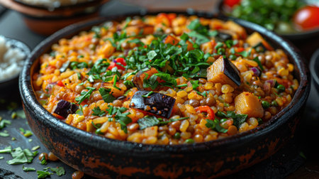 Lentil stew with chickpeas and vegetables in a panの素材