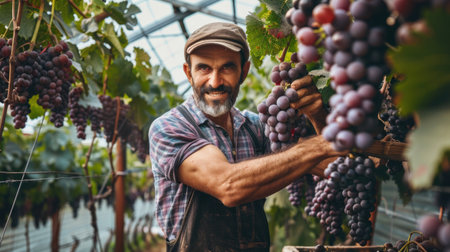 Mature man working in vineyard, harvesting ripe red grapes.の素材