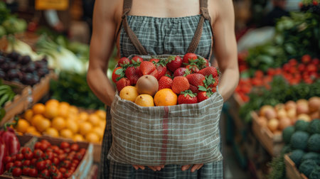 Woman holding a shopping bag full of fresh fruits and vegetables on the marketの素材