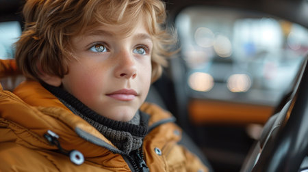 Portrait of a cute little boy sitting in the car and looking awayの素材