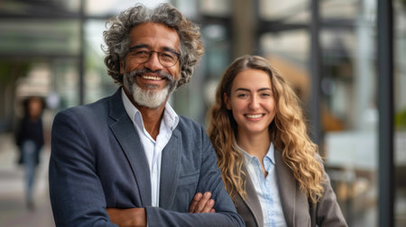Portrait of a smiling business man and woman standing with arms crossedの素材