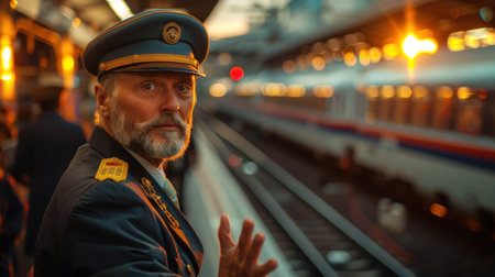 Portrait of an old man in a military uniform on the platformの素材