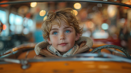 Portrait of a little boy with blond curly hair and blue eyes on the background of the carouselの素材