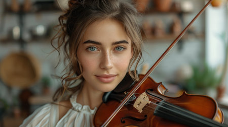 Beautiful young woman playing violin in kitchen at home. Portrait of girl with violin.の素材