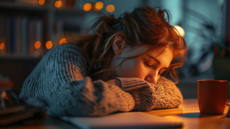 Young woman sleeping at home in the evening. She is wearing a warm sweater and reading a book.の素材