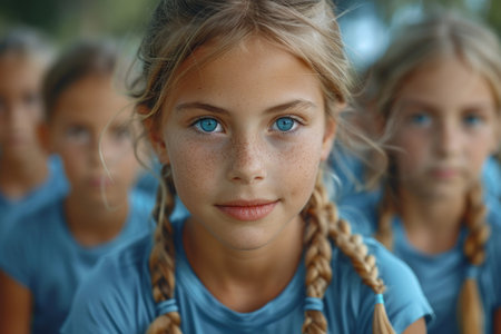 Portrait of a young girl with braids and blue eyes.の素材