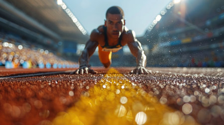 Athlete in starting blocks on the running track at the stadiumの素材