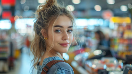 Portrait of a beautiful young woman in a shopping center. Blurred background.の素材