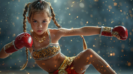 Little girl in a red suit of the ancient Indian. The girl is boxing.の素材