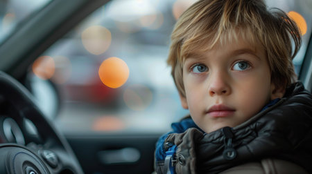 Portrait of a little boy sitting in a car and looking at the cameraの素材