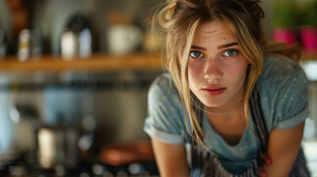 Portrait of young woman looking at camera in the kitchen at homeの素材