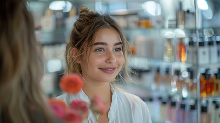 Portrait of beautiful young woman looking at mirror in cosmetics shop.の素材