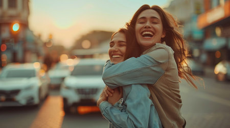 Two happy young women hugging each other on the street in the eveningの素材