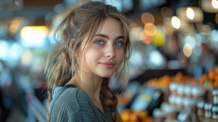 Portrait of a beautiful young woman with blond hair and blue eyesの素材