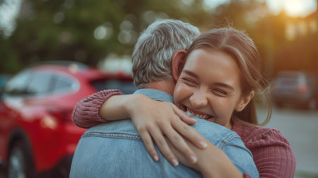 Portrait of a happy senior couple embracing each other on the streetの素材