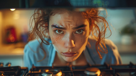 Young woman looking in the mirror while cooking at home in the kitchenの素材