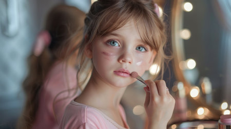 Cute little girl applying makeup in front of the mirror at homeの素材