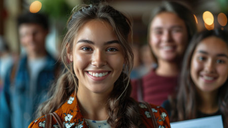 Portrait of smiling female student looking at camera with her friends in backgroundの素材