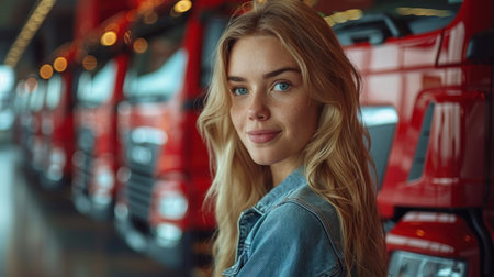 Portrait of a beautiful blonde girl in a denim jacket on the background of a red car.の素材