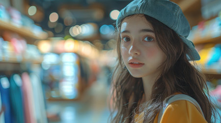 Portrait of a beautiful girl in a hat in a shopping centerの素材