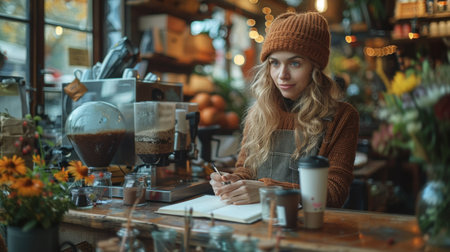 Beautiful young woman in apron making notes in notepad at coffee shopの素材