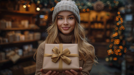 Portrait of a beautiful young woman in a sweater and hat holding a gift box in her hands.の素材