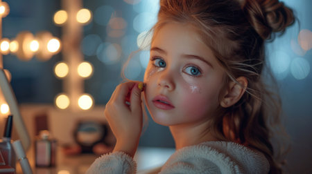 Beautiful little girl applying make-up on her face in the roomの素材
