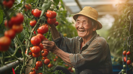 Happy asian senior farmer harvesting tomatoes in a greenhouse. Agriculture concept.の素材