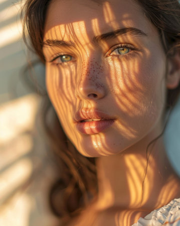 Portrait of a beautiful girl in the rays of the sun.の素材