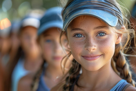 Portrait of a smiling little girl with her friends in the backgroundの素材