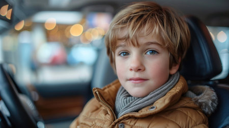 Portrait of a cute little boy in a red vintage car.の素材
