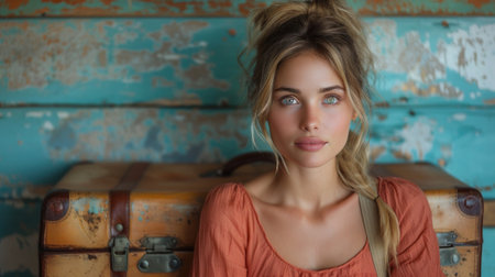 Portrait of a beautiful young girl with curly hair in a yellow jacket in a cafeの素材