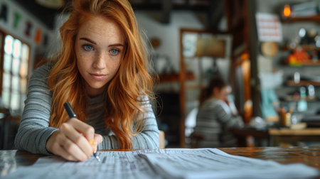 Young redhead woman sitting at a table in a cafe and making notes.の素材