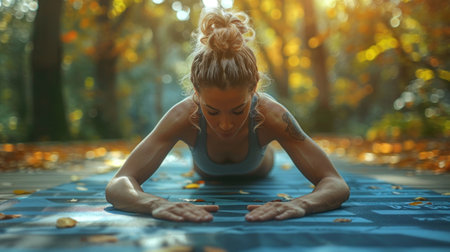 Young woman doing push-ups in the autumn park on a matの素材