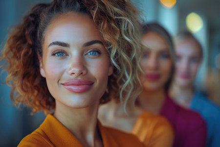 Portrait of a beautiful young woman with curly hair in a cafeの素材