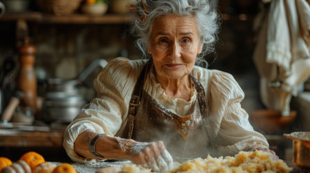 Portrait of an old woman kneading dough in the kitchenの素材