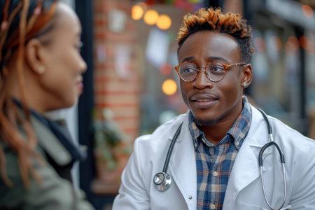 Portrait of african american male doctor in eyeglasses looking at camera and smiling while talking with female colleague in cafeの素材