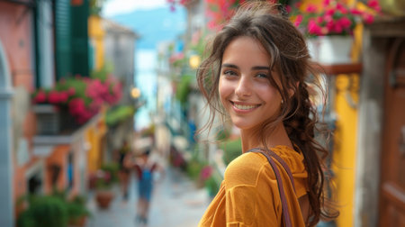 Portrait of a young woman on the streets of the island of Burano in Italyの素材