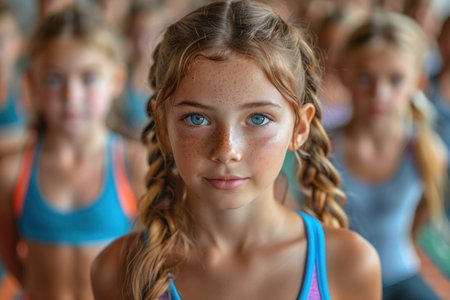 Portrait of young girl with braids looking at camera in fitness studioの素材