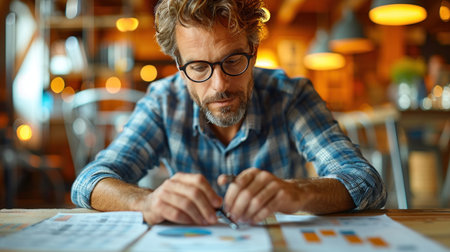 Serious mature man in eyeglasses working with documents in cafeの素材