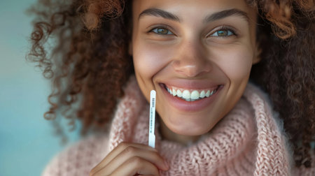 Close up of smiling young woman holding thermometer in her hand.の素材