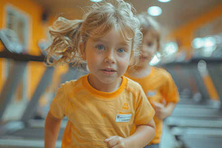 little boy and girl running on treadmill in fitness center, healthy lifestyleの素材
