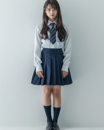 Full length portrait of Asian schoolgirl in uniform on gray backgroundの素材